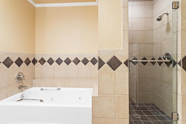 3590 Wheat Dr, Beaumont, TX 77706 - bathroom featuring a jetted tub, tiled shower, ornamental molding, and a textured wall