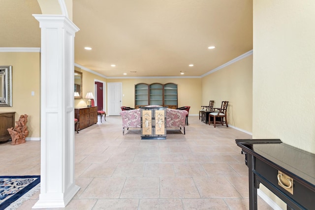 3590 Wheat Dr, Beaumont, TX 77706 - living area featuring decorative columns, crown molding, and recessed lighting
