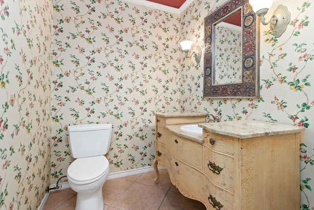 3590 Wheat Dr, Beaumont, TX 77706 - half bathroom featuring wallpapered walls, vanity, ornamental molding, and tile patterned flooring