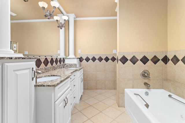 3590 Wheat Dr, Beaumont, TX 77706 - bathroom with ornamental molding, a bath, double vanity, tile patterned floors, and a chandelier