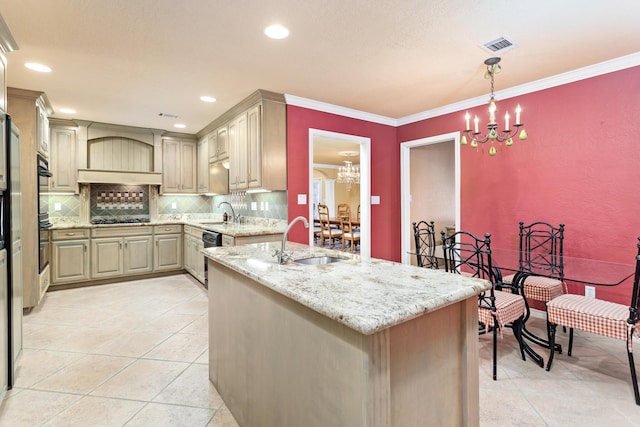3590 Wheat Dr, Beaumont, TX 77706 - kitchen with a chandelier, tasteful backsplash, stainless steel gas stovetop, crown molding, and light stone countertops