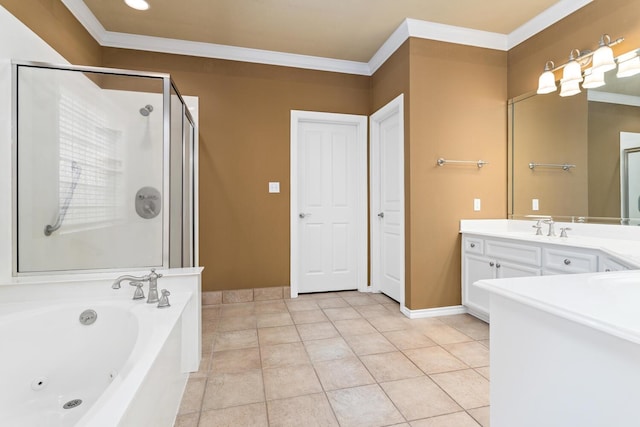 bathroom featuring tile patterned floors, crown molding, vanity, and shower with separate bathtub