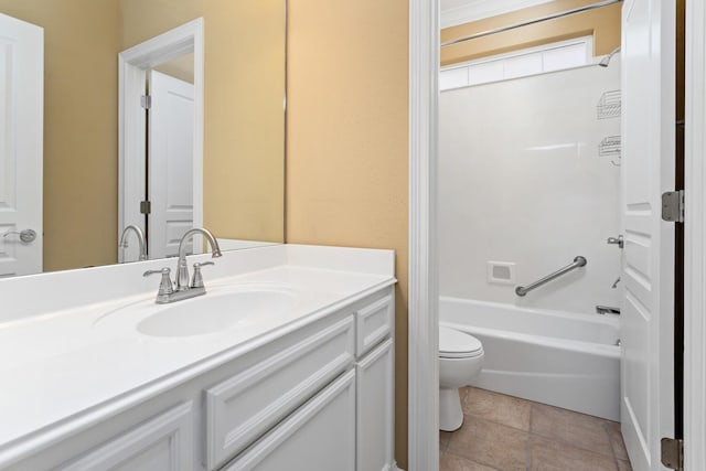 full bathroom with tile patterned floors, vanity, shower / bathtub combination, and toilet