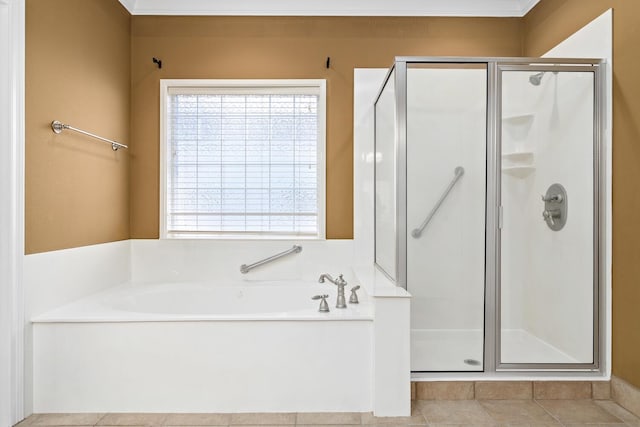 bathroom featuring shower with separate bathtub and crown molding