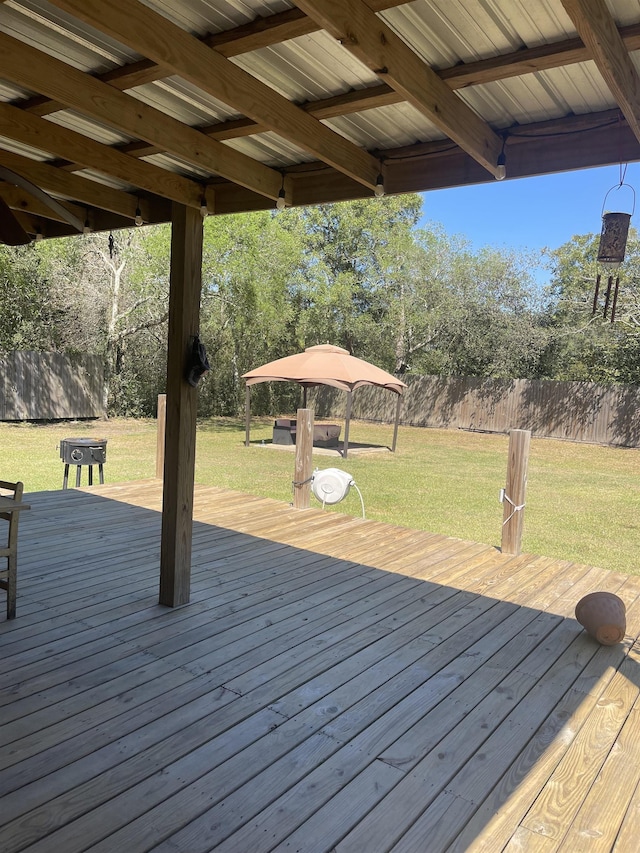 wooden terrace featuring fence and a yard