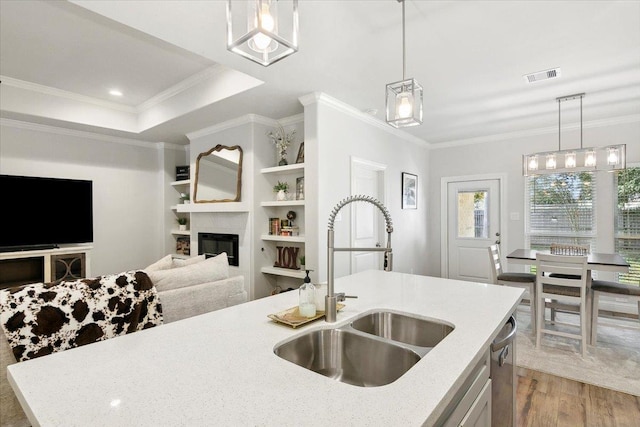 kitchen featuring sink, a raised ceiling, crown molding, pendant lighting, and a center island with sink