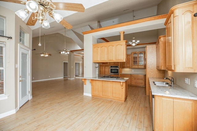 kitchen featuring sink, a kitchen breakfast bar, light hardwood / wood-style flooring, ceiling fan with notable chandelier, and appliances with stainless steel finishes