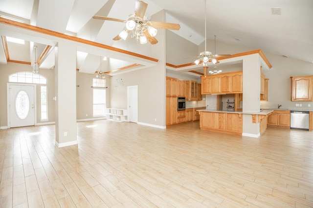 kitchen with a center island, light wood-type flooring, and stainless steel appliances