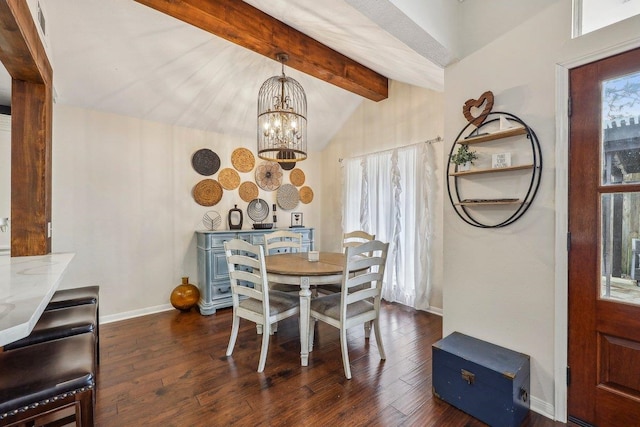 dining area with dark wood-style flooring, a chandelier, beam ceiling, and plenty of natural light
