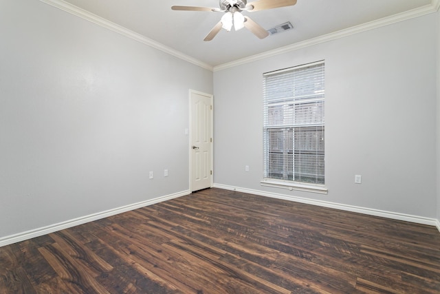 spare room featuring dark hardwood / wood-style flooring, crown molding, and ceiling fan