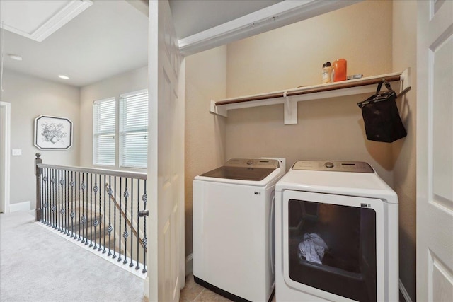 10375 Dominion Ct, Port Arthur, TX 77640 - laundry room with washer and dryer and carpet