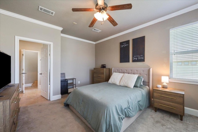 10375 Dominion Ct, Port Arthur, TX 77640 - bedroom with crown molding, light colored carpet, baseboards, and ceiling fan