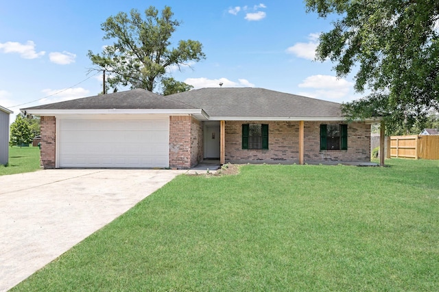 ranch-style home featuring a porch, a front yard, and a garage