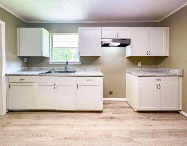 1510 S Timberlane St, Vidor, TX 77662 - kitchen with under cabinet range hood, crown molding, light wood-type flooring, and light countertops