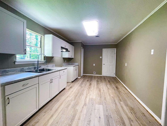 1510 S Timberlane St, Vidor, TX 77662 - kitchen with light wood finished floors, ornamental molding, a textured ceiling, white cabinetry, and under cabinet range hood
