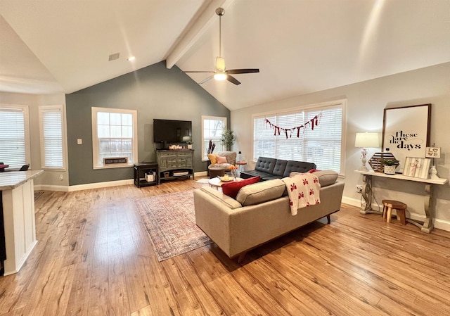 living room featuring vaulted ceiling with beams, ceiling fan, and light hardwood / wood-style floors