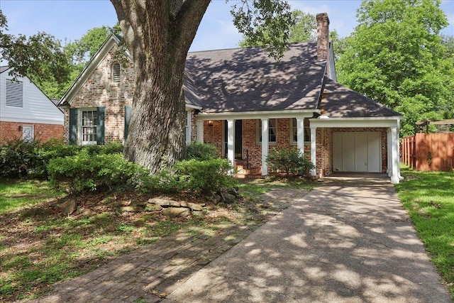 623 20th St, Beaumont, TX 77706 - view of front of house with brick siding, driveway, a garage, a chimney, and a porch