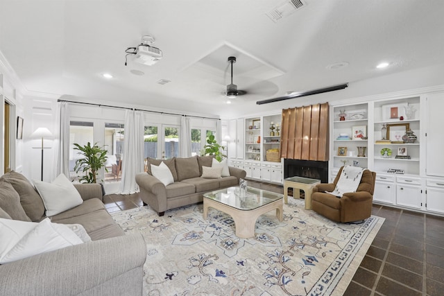 880 Goodhue Rd, Beaumont, TX 77706 - living area featuring ceiling fan, recessed lighting, built in features, and crown molding
