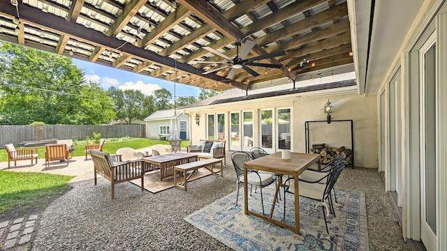 880 Goodhue Rd, Beaumont, TX 77706 - view of patio / terrace with ceiling fan, an outdoor hangout area, outdoor dining area, and a pergola