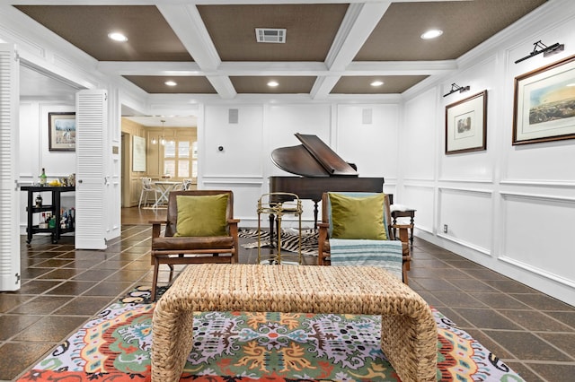880 Goodhue Rd, Beaumont, TX 77706 - sitting room featuring a decorative wall, beamed ceiling, coffered ceiling, recessed lighting, and crown molding
