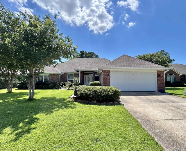 single story home with a front yard and a garage