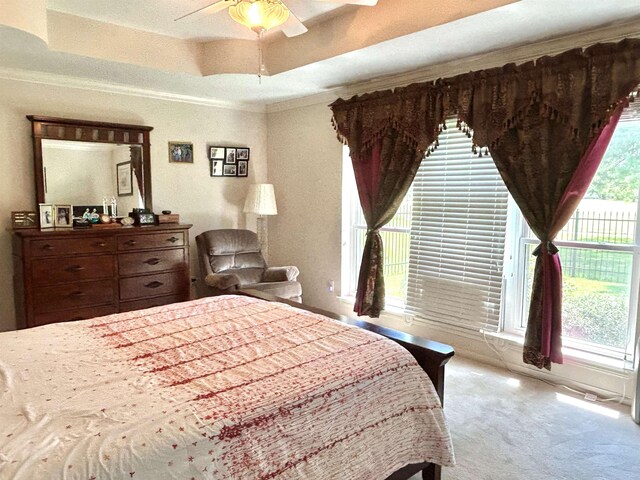 carpeted bedroom with a tray ceiling, ceiling fan, and ornamental molding