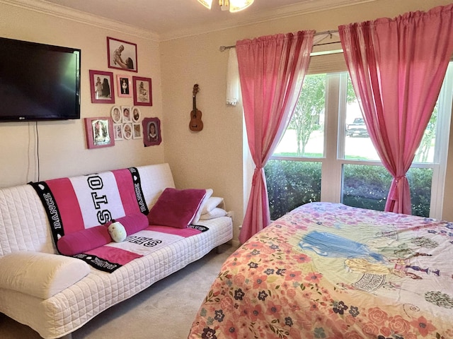 carpeted bedroom featuring ornamental molding