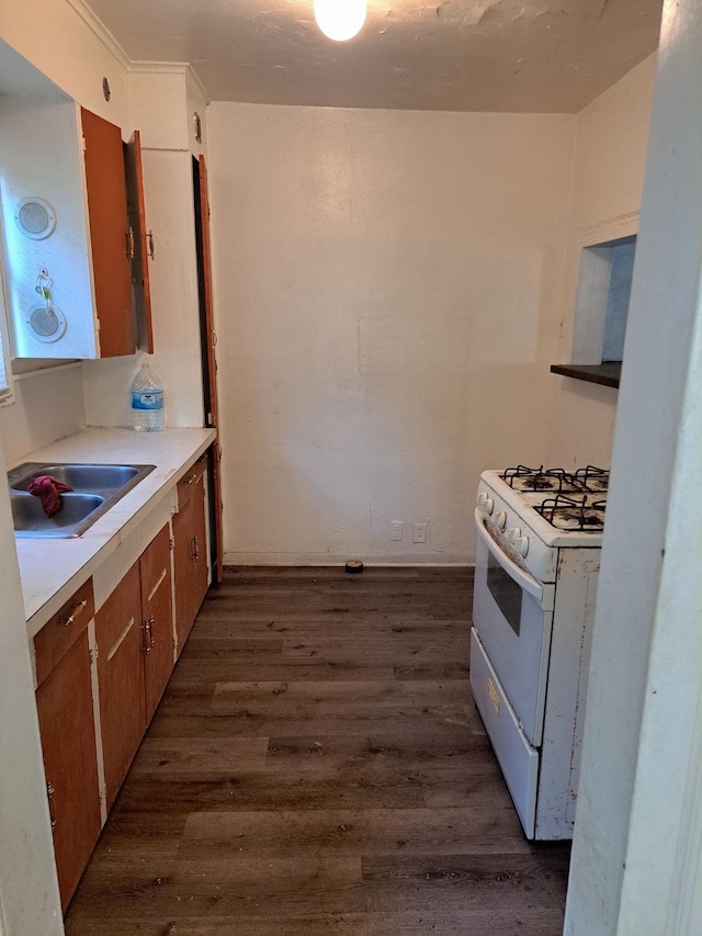 kitchen featuring dark wood-type flooring, white gas stove, and sink