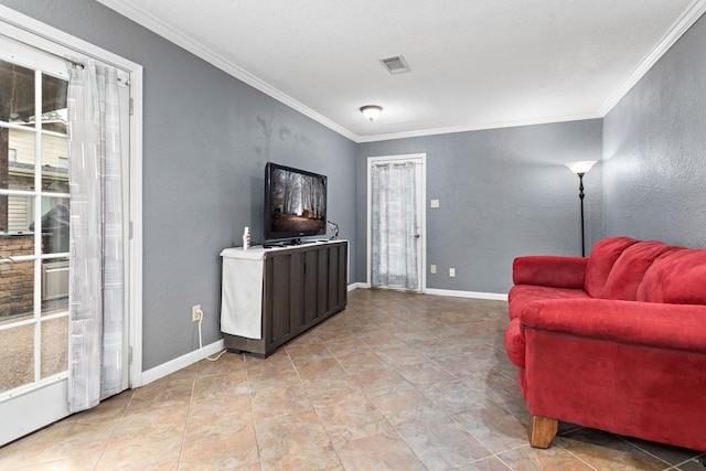 living room featuring crown molding and a textured ceiling