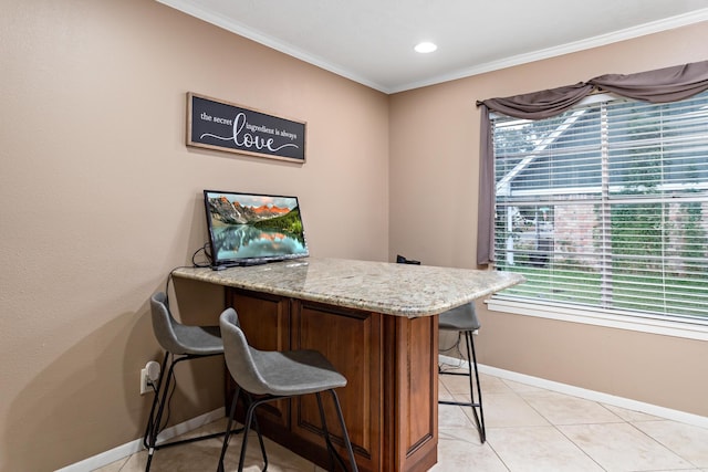 tiled home office with crown molding