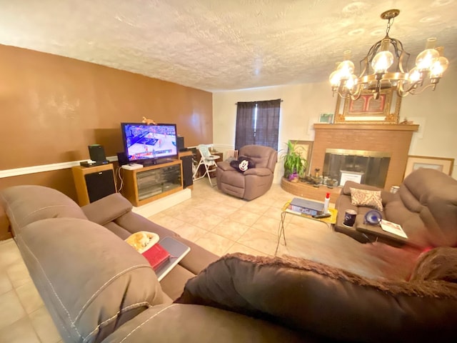 tiled living room with a textured ceiling and a chandelier