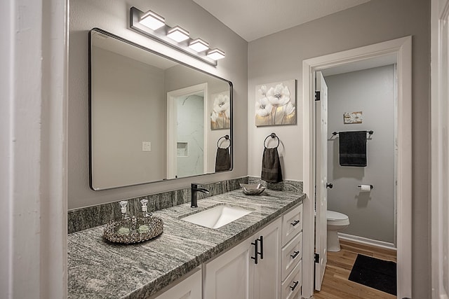 bathroom featuring vanity, hardwood / wood-style flooring, and toilet