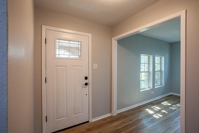 foyer featuring hardwood / wood-style floors and a textured ceiling