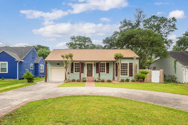 ranch-style home featuring covered porch, concrete driveway, a front yard, and a garage