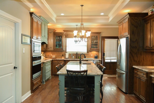 kitchen featuring a raised ceiling, dark wood-style flooring, and appliances with stainless steel finishes