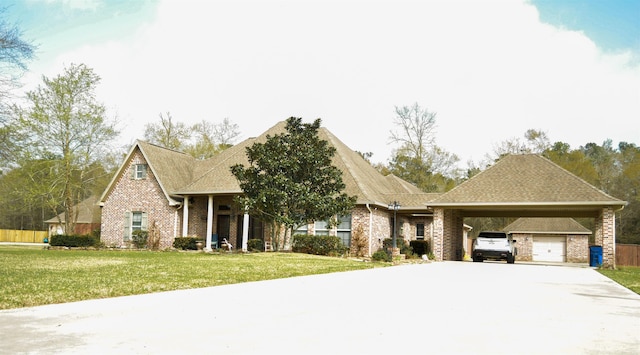 view of front of house featuring brick siding, a front yard, roof with shingles, a carport, and driveway