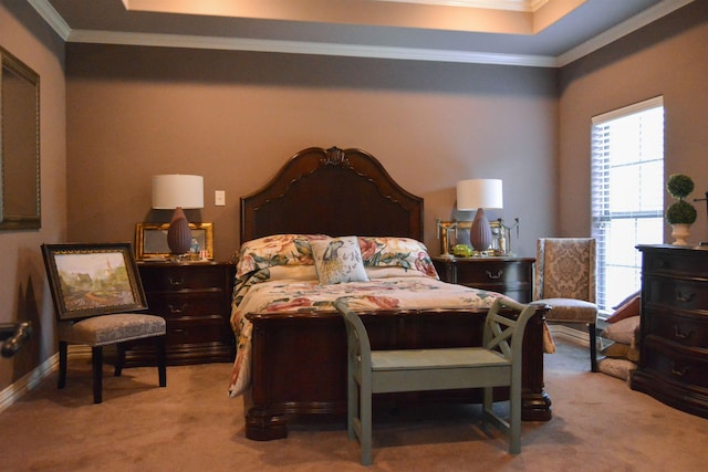 carpeted bedroom featuring baseboards, a raised ceiling, and crown molding