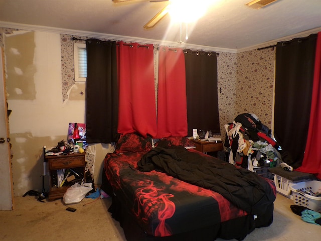 3100 Boyd Ave, Groves, TX 77619 - carpeted bedroom featuring crown molding, wallpapered walls, and a ceiling fan