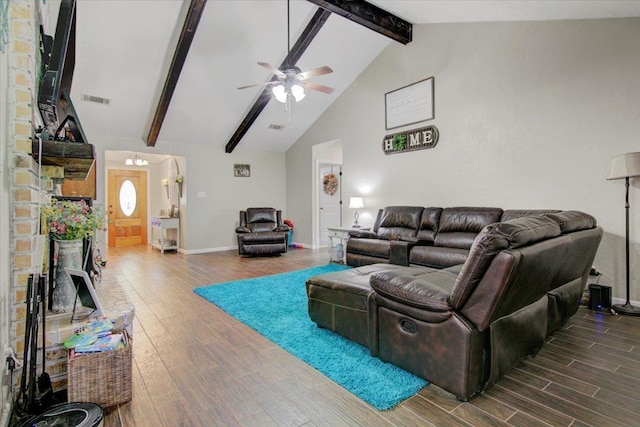 living room with ceiling fan, beamed ceiling, wood-type flooring, and high vaulted ceiling