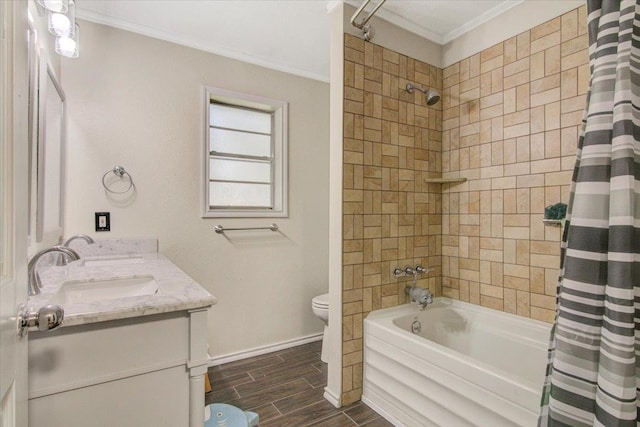 full bathroom featuring toilet, vanity, shower / tub combo with curtain, and crown molding