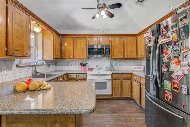 kitchen featuring ceiling fan, sink, light stone counters, kitchen peninsula, and appliances with stainless steel finishes