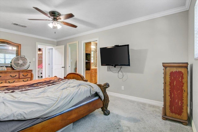 carpeted bedroom with connected bathroom, ceiling fan, and ornamental molding