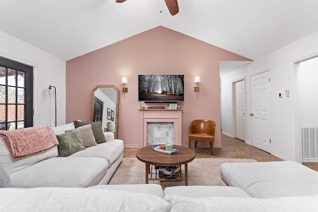 living room with vaulted ceiling and ceiling fan