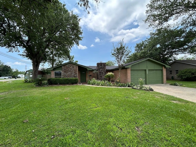 1009 Arthur St, Bridge City, TX 77611 - mid-century inspired home featuring a front yard, a garage, concrete driveway, and a chimney