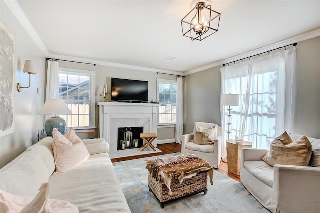 living room with hardwood / wood-style flooring, a premium fireplace, ornamental molding, and an inviting chandelier