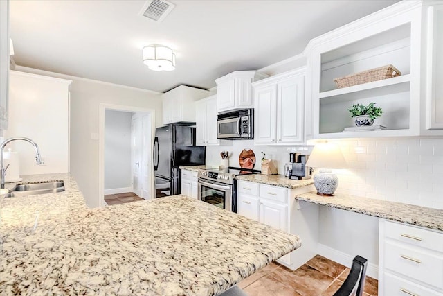 kitchen featuring a kitchen bar, white cabinetry, sink, and stainless steel electric range