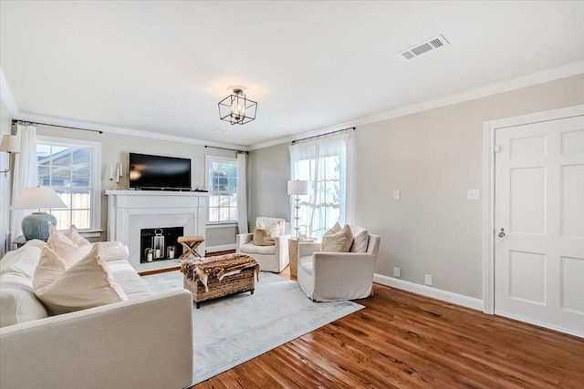 living room with a fireplace, hardwood / wood-style floors, plenty of natural light, and crown molding