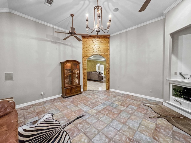 2460 W Norman Cir, Orange, TX 77630 - unfurnished living room with ceiling fan, baseboards, stone finish flooring, a chandelier, and ornamental molding