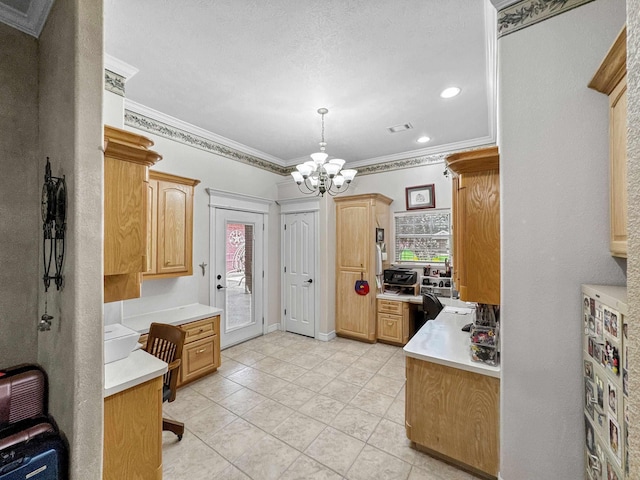 2460 W Norman Cir, Orange, TX 77630 - kitchen featuring ornamental molding, a chandelier, light countertops, light tile patterned floors, and healthy amount of natural light