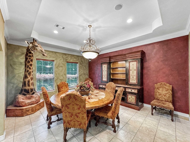 2460 W Norman Cir, Orange, TX 77630 - dining area featuring a tray ceiling, baseboards, light tile patterned floors, recessed lighting, and crown molding